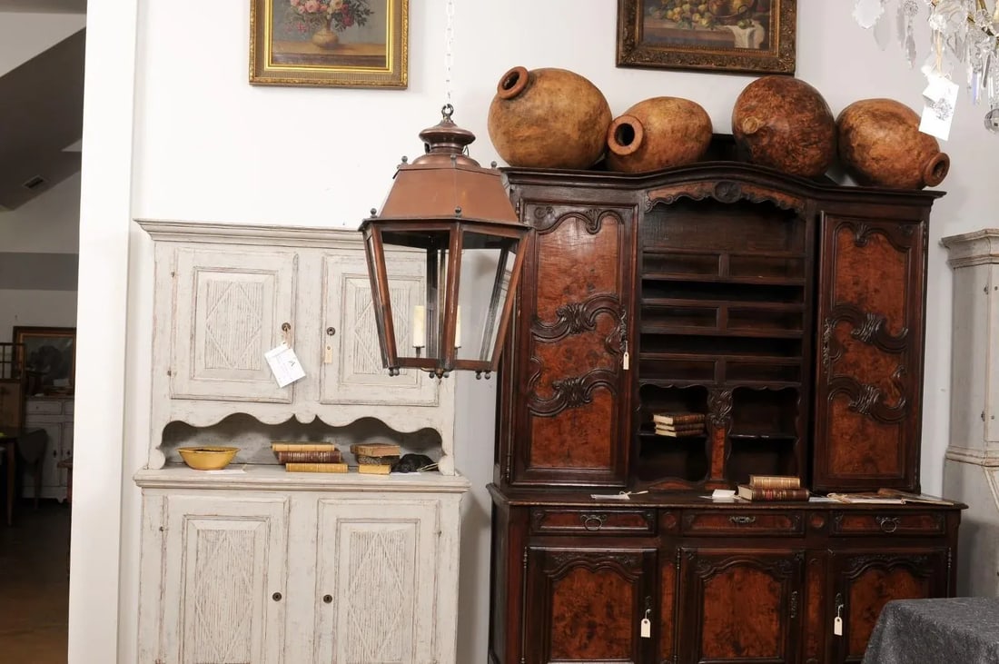 French Copper Three-Light Hexagonal Lanterns with Glass Panels, US Wired - A Pair - 7