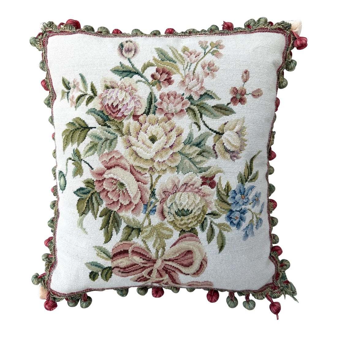 Vintage Needlepoint Pillow With Tassels: Vintage Needlepoint pillow with tassels. Burgundy, blue, tan, green and beige with a gold velvet back. Down insert. Perfect for your favorite chair. 18in w x 20in h x 7in d Make sure to follow me, I