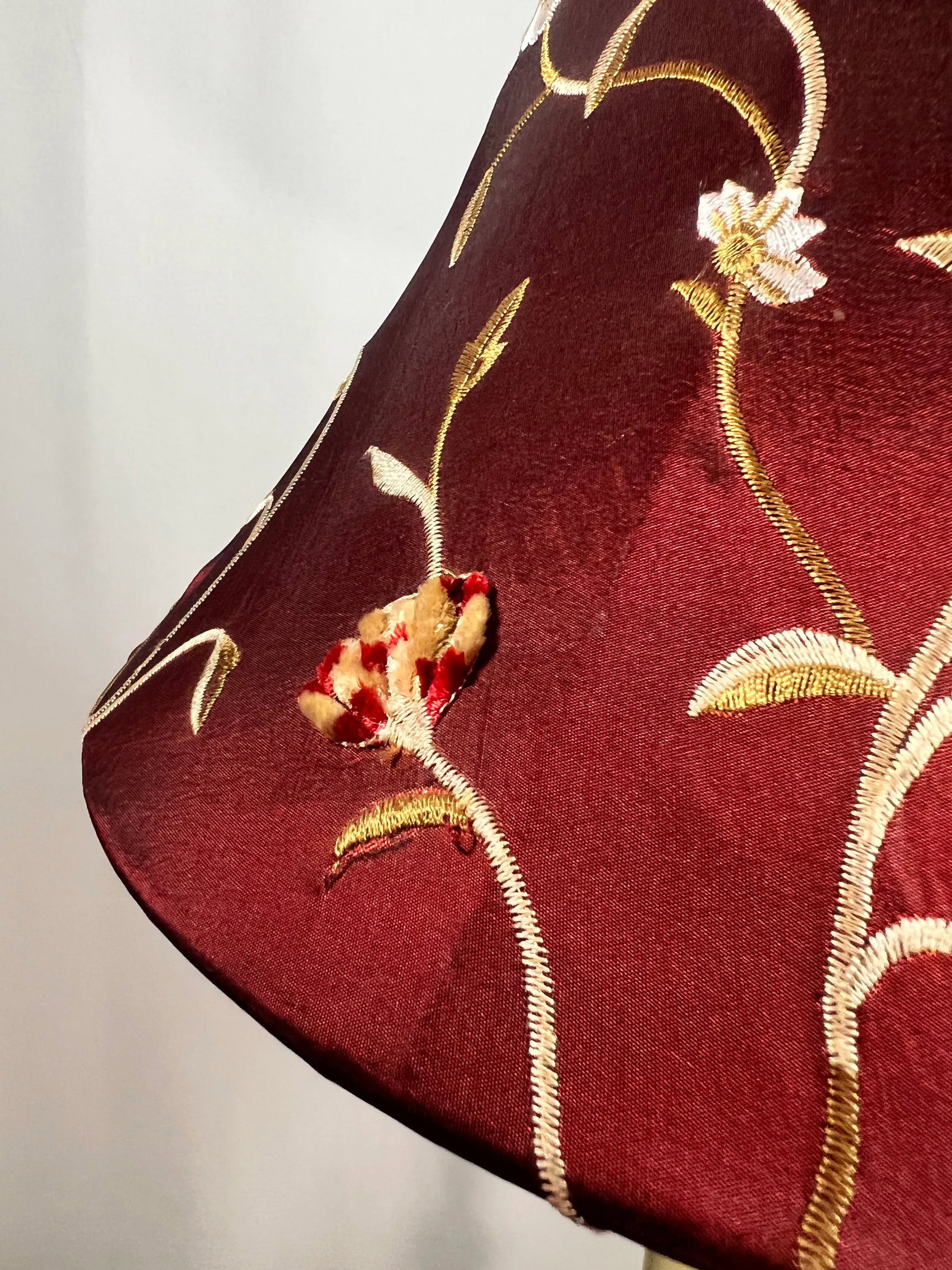 Vintage Regency Brass Column Candlestick Holder Table Lamp With Burgundy Floral Shade in the Style o - 10