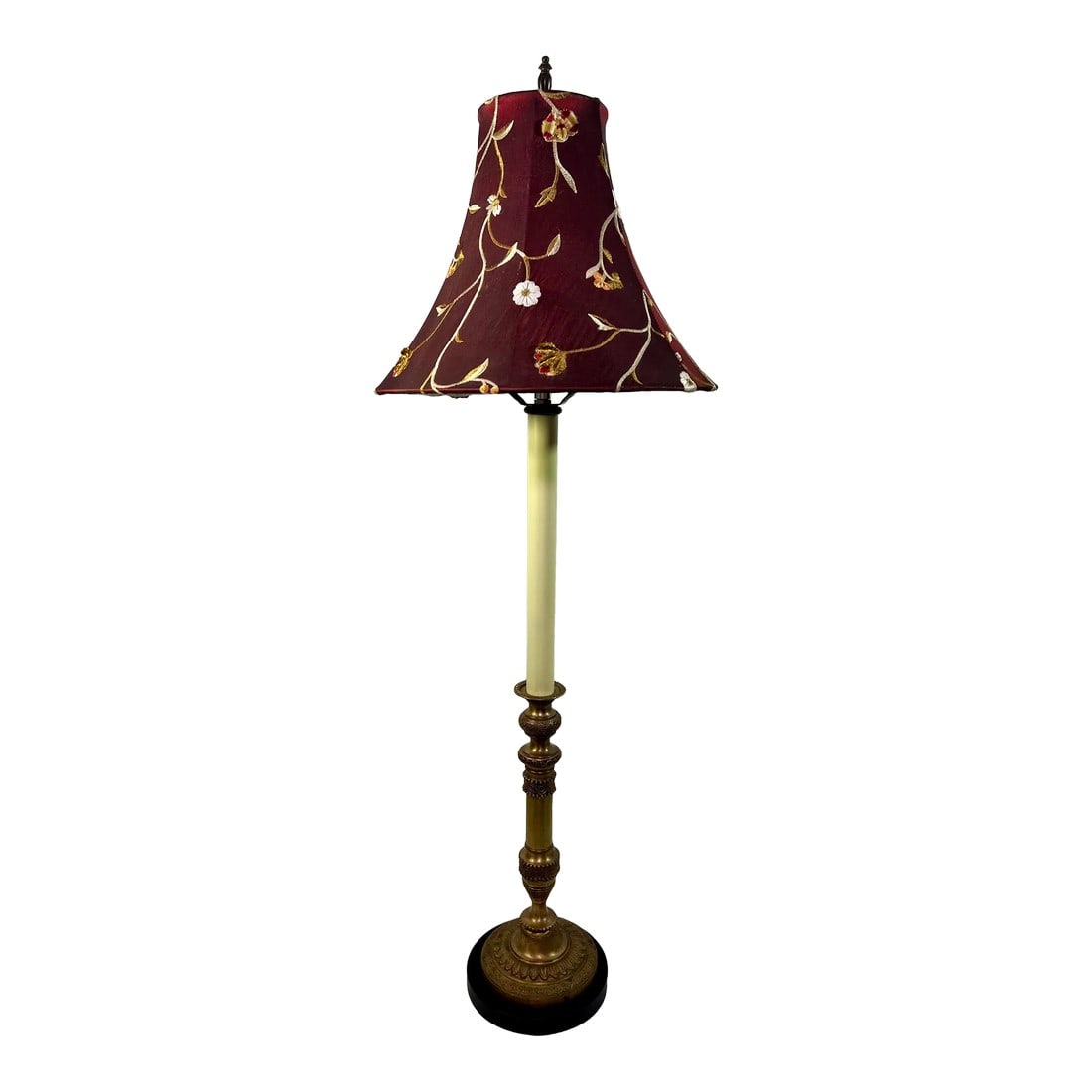 Vintage Regency Brass Column Candlestick Holder Table Lamp With Burgundy Floral Shade in the Style o: Welcome to Turtle and Crane! Let us introduce you to this captivating vintage traditional brass Regency column table lamp with a burgundy floral shade, styled after the renowned Frederick Cooper desig