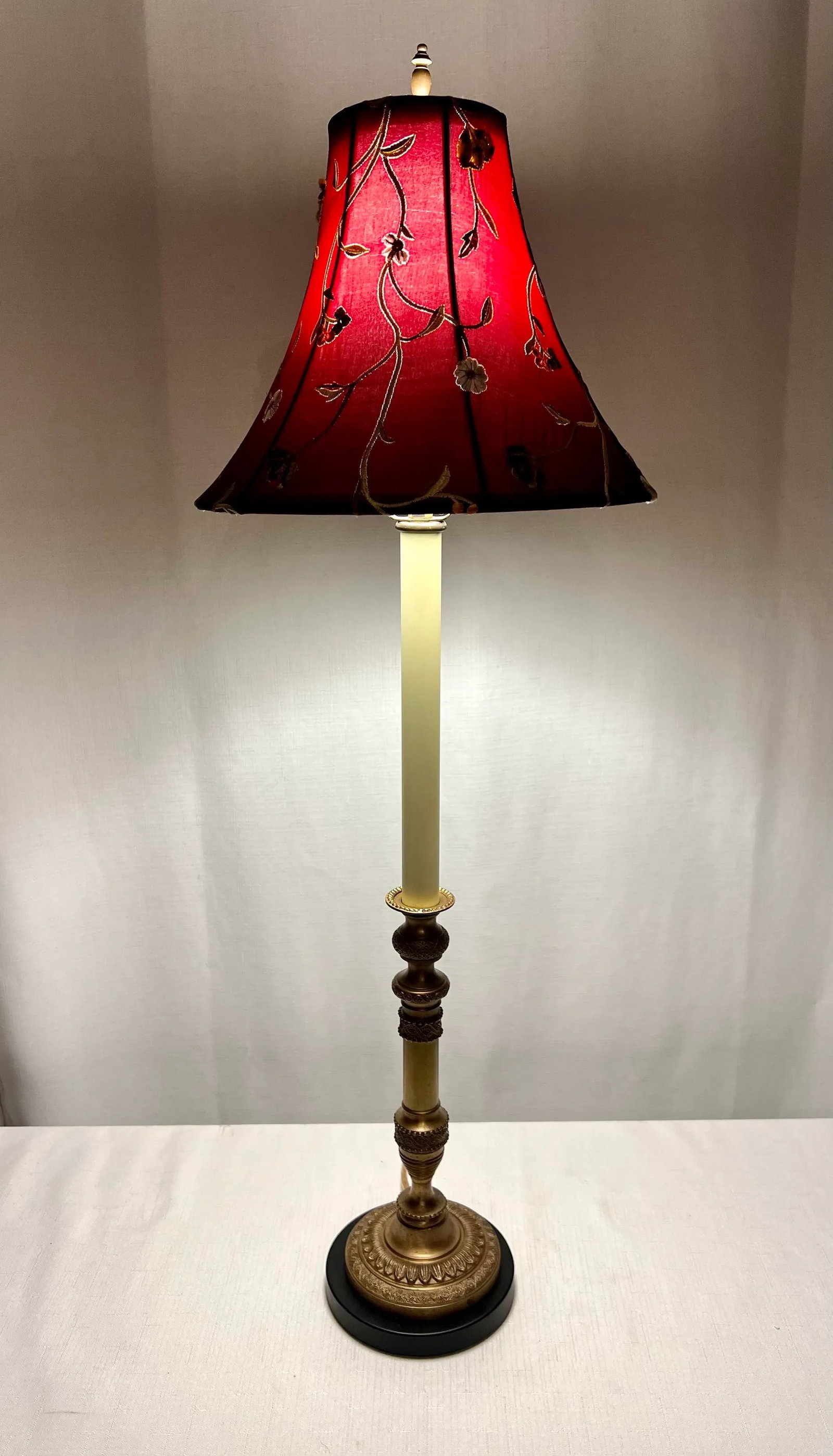 Vintage Regency Brass Column Candlestick Holder Table Lamp With Burgundy Floral Shade in the Style o - 2