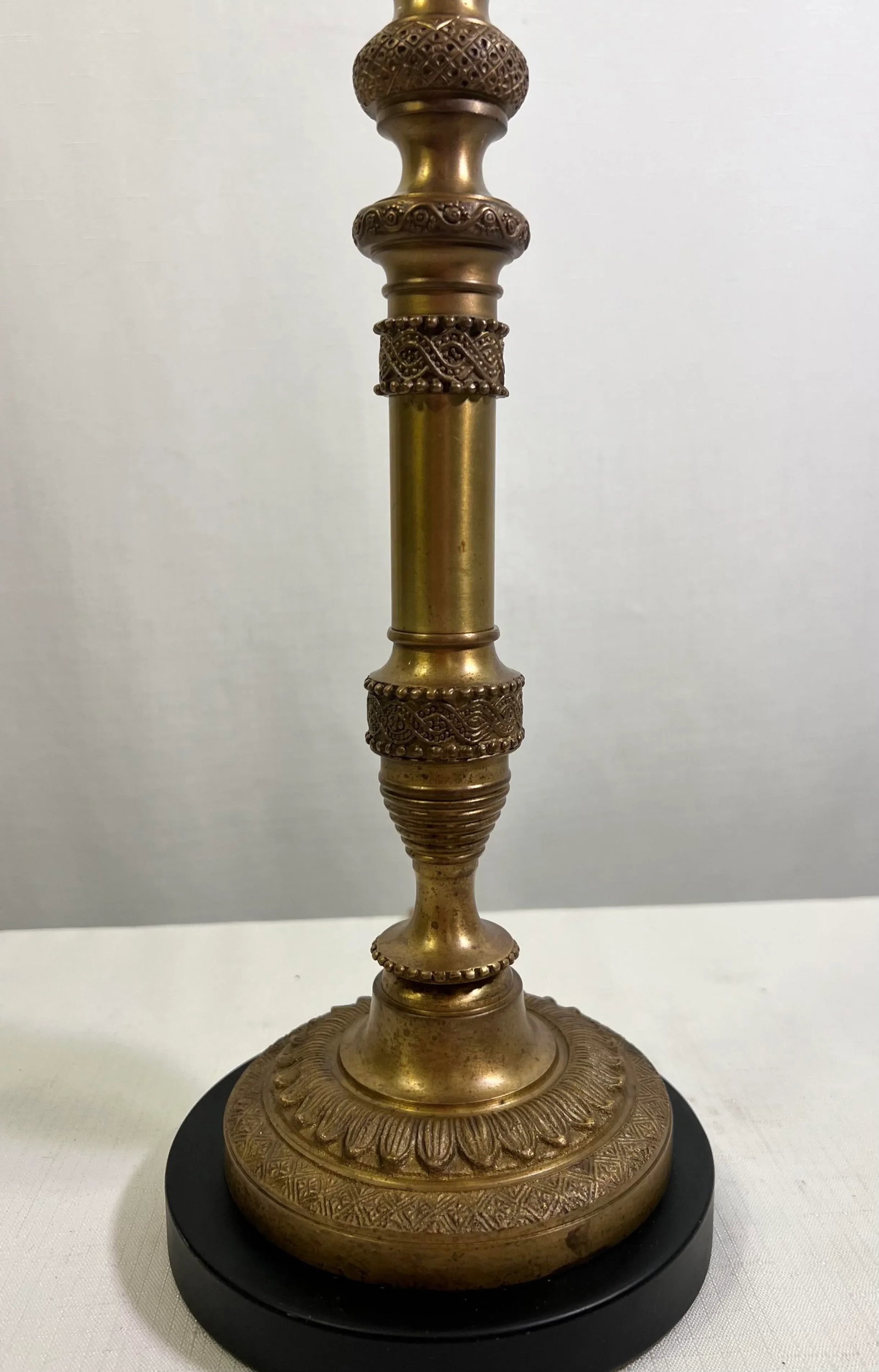 Vintage Regency Brass Column Candlestick Holder Table Lamp With Burgundy Floral Shade in the Style o - 3