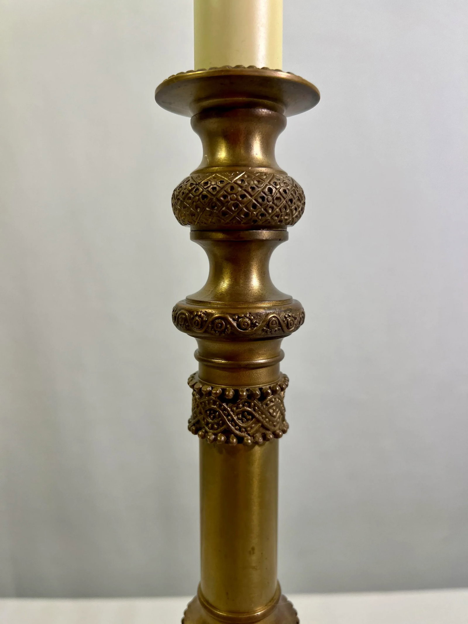 Vintage Regency Brass Column Candlestick Holder Table Lamp With Burgundy Floral Shade in the Style o - 4