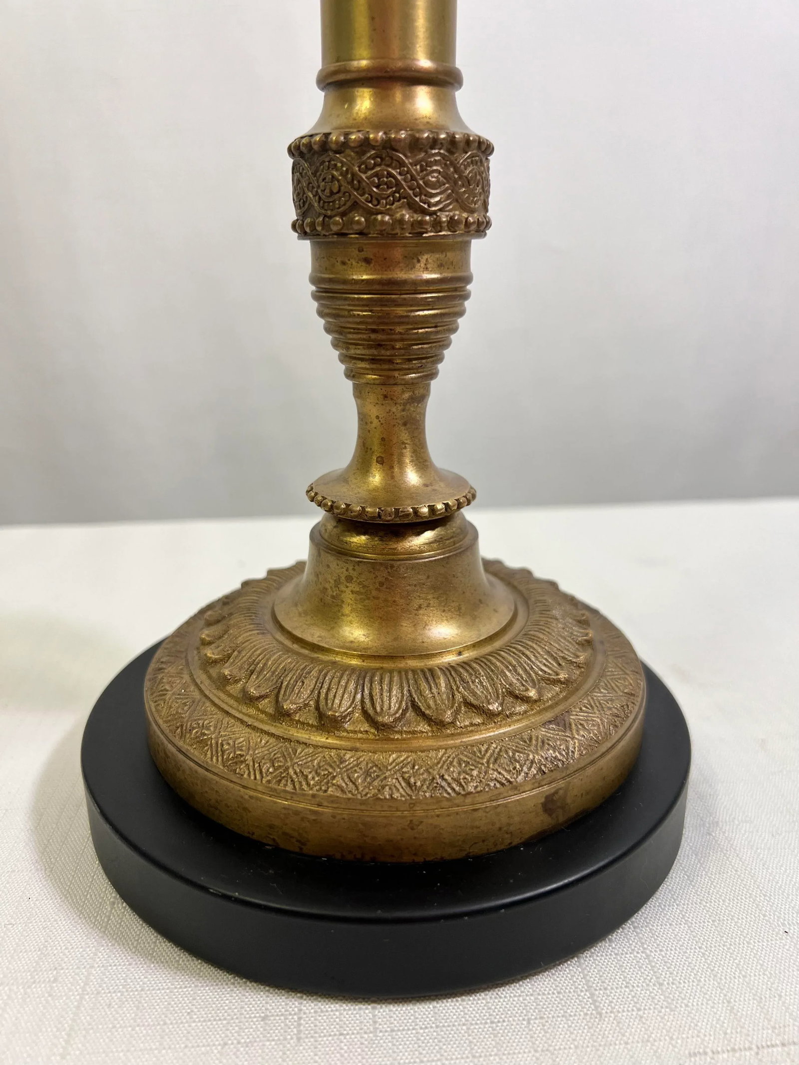 Vintage Regency Brass Column Candlestick Holder Table Lamp With Burgundy Floral Shade in the Style o - 5