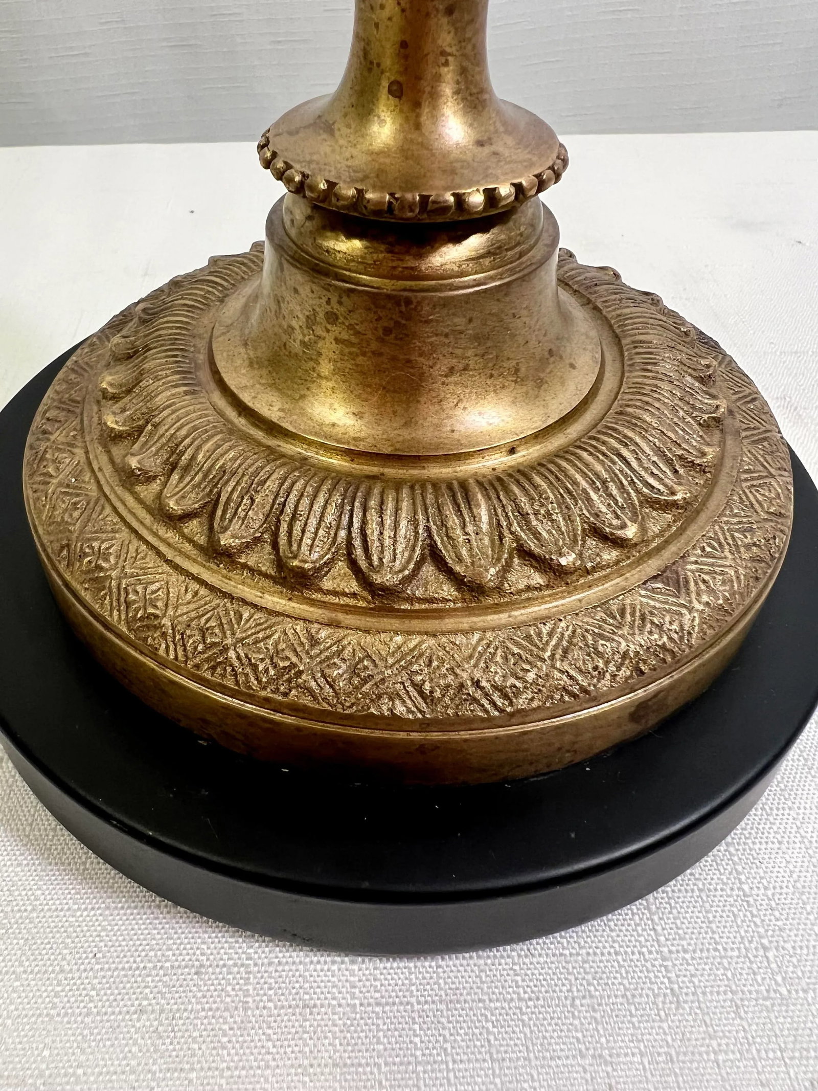 Vintage Regency Brass Column Candlestick Holder Table Lamp With Burgundy Floral Shade in the Style o - 6