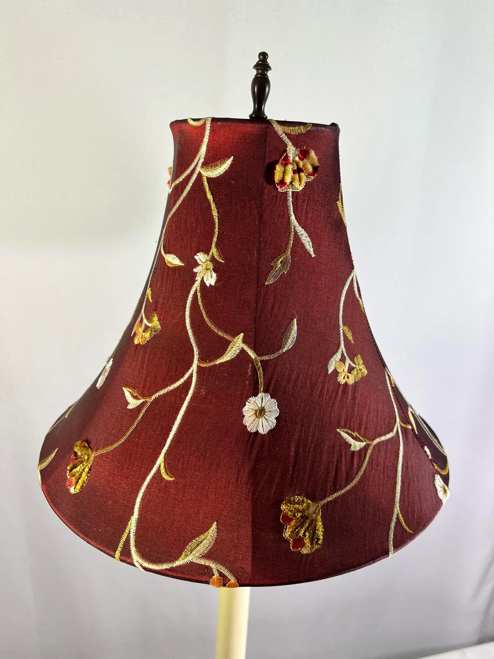 Vintage Regency Brass Column Candlestick Holder Table Lamp With Burgundy Floral Shade in the Style o - 7