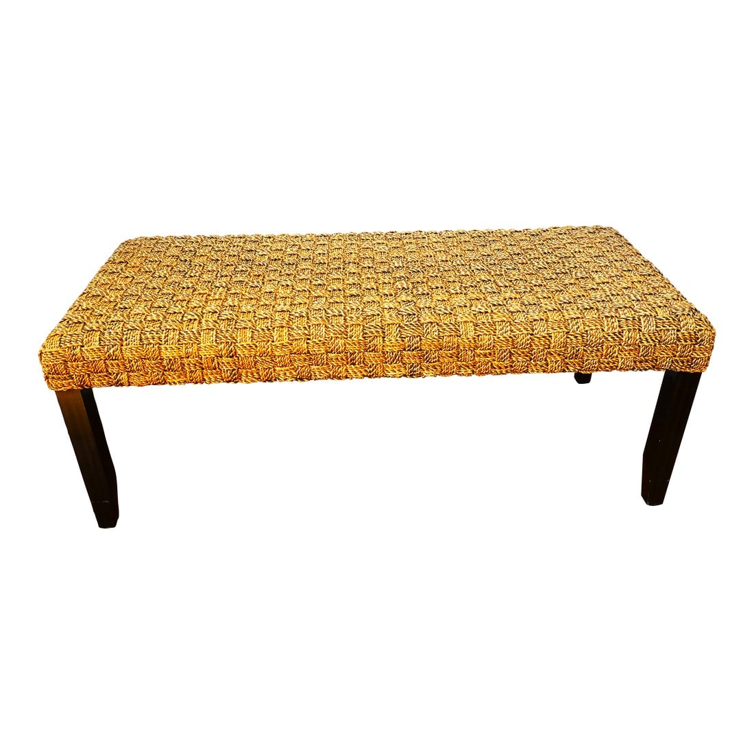 Palecek Double Woven Bench/Stool: Palecek Bench/Stool/coffee table Hardwood frame and legs in dark brown with double woven rattan seat Suitable for any room of the home Measures 18H x 21 W X 48 long Condition: Alterations: