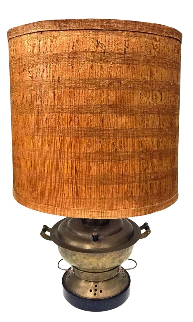 Vintage Mid Century Brutalist Brass Table Lamp: Large MCM brass and copper table lamp with custom Lampshade. Perfect to mix with your modern white interior. Sits on a smooth wood base. This lamp is a fine example of custom lamps made for high end d