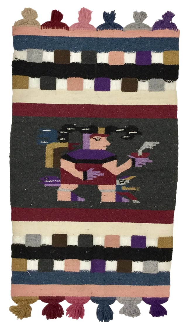 Vintage Slub Cotton Hand Loomed Textile Art: The colors in this vintage piece are magnificent. Hand dyed cotton has been carefully hand loomed into a classic example of design and story. Made in Mexico, this type of product is hard to find.