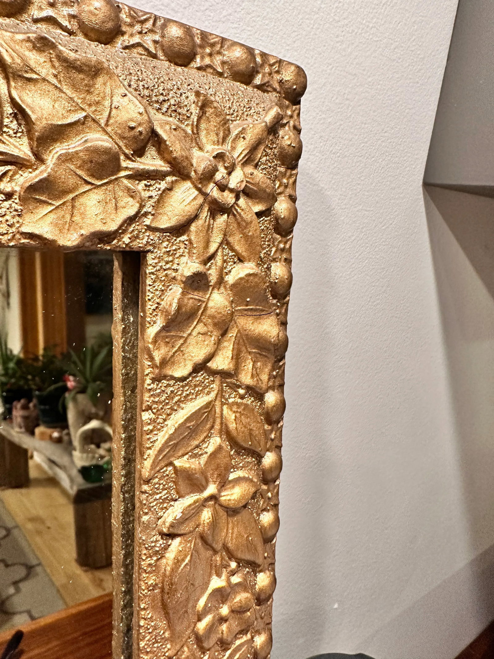 Antique Victorian Floral Gilded Plaster Oak Wood Frame Mirror - 2