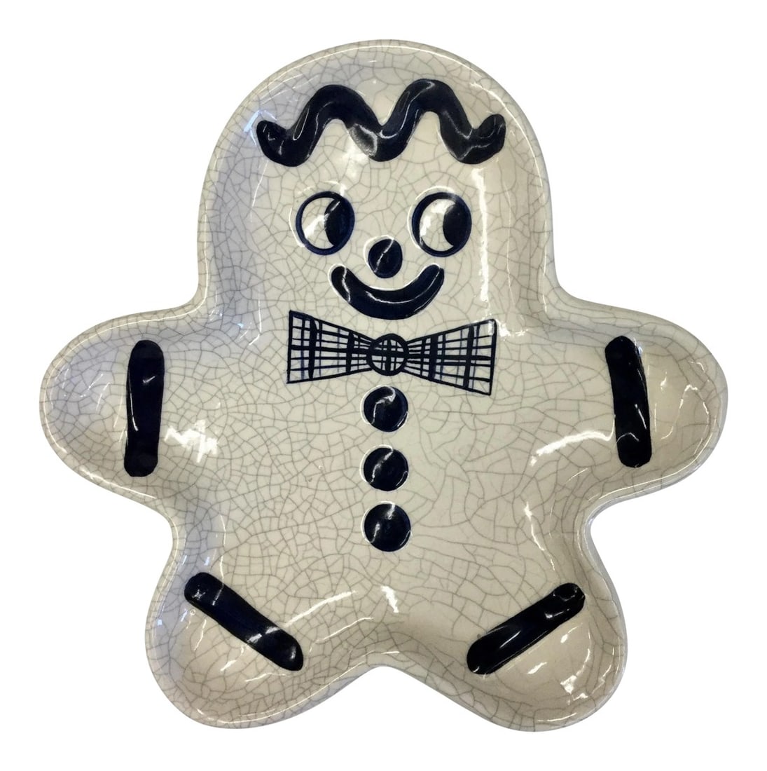 Artisan Crackle Glaze Gingerbread Candy Dish: Traditional crackle glaze ceramic gingerbread dish or plate hand made by artisan Potter. Signed and numbered. Perfect for the holidays or anytime you want to smile. Condition: Imperfections: No