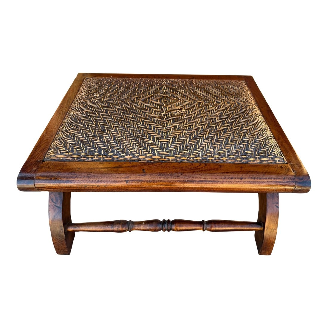 Indonesian Wood/Rattan Foot Stool: Indonesian Wood/Rattan Foot Stool. Solid wood with a woven rattan cushion top. 22in d x 24in w x 12.75in h (to top of cushion) 11.5in h on sides 19.75x 23.75 top Make sure to follow me, I have flash