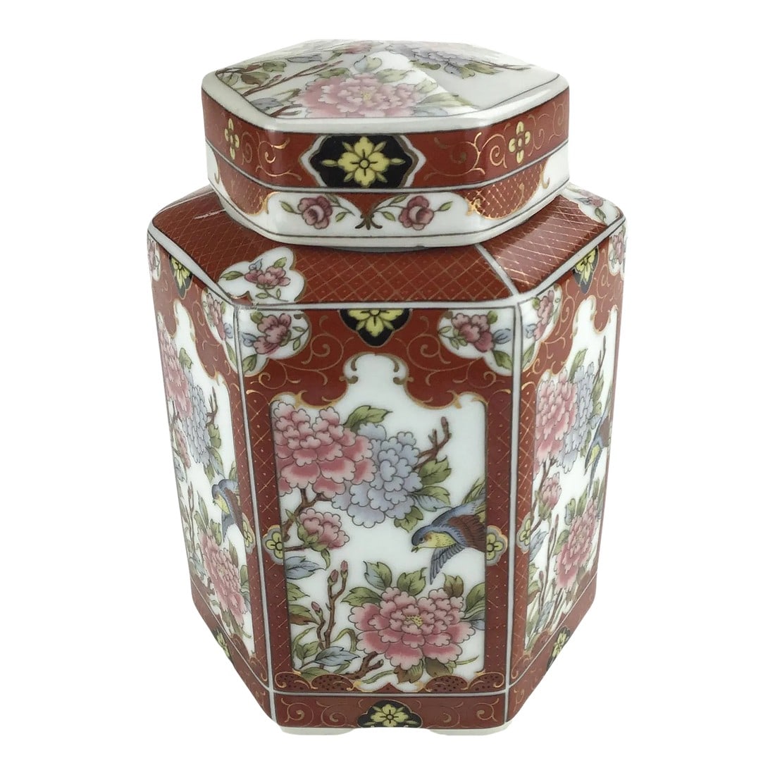 Hand Painted 1982 Ginger Jar Japan Produced: Beautiful hand-painted floral and bird motif on a Japanese porcelain ginger jar. Condition: Alterations: Original Condition Unaltered Imperfections: Some Imperfections Condition Notes: Excellent