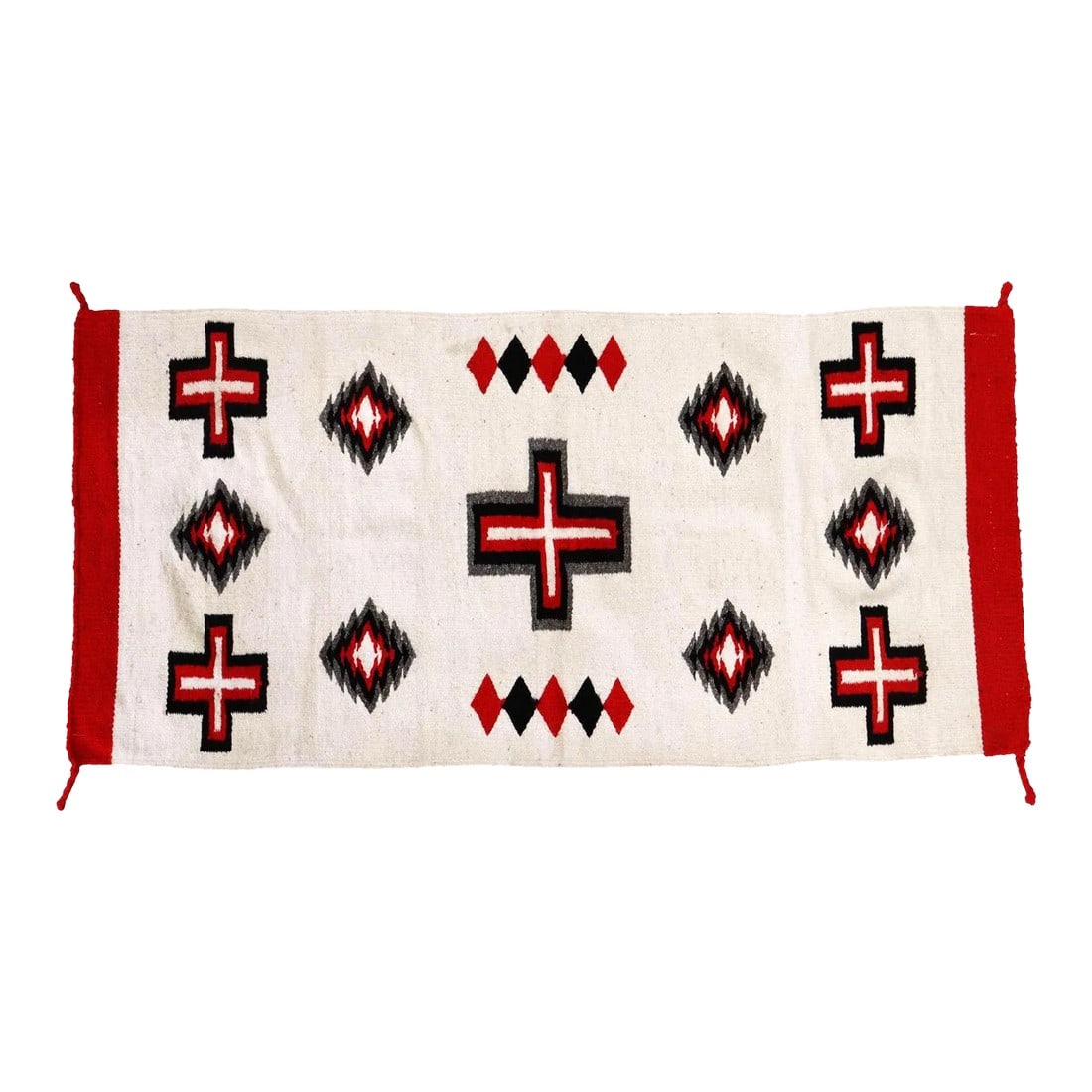 Vintage White Navajo Style Wall Hanging Rug: Vintage Southwestern White Navajo Kilim Hand Woven Wall Hanging Rug. Made of 100% Wool. This wall hanging features typical Navajo diamond and cross motifs throughout, creating a dynamic pattern in a b
