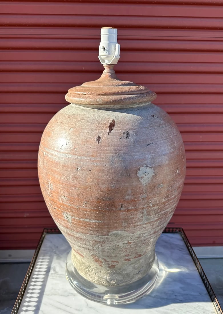 Vintage Distressed Terra Cotta Clay Table Lamp - 2