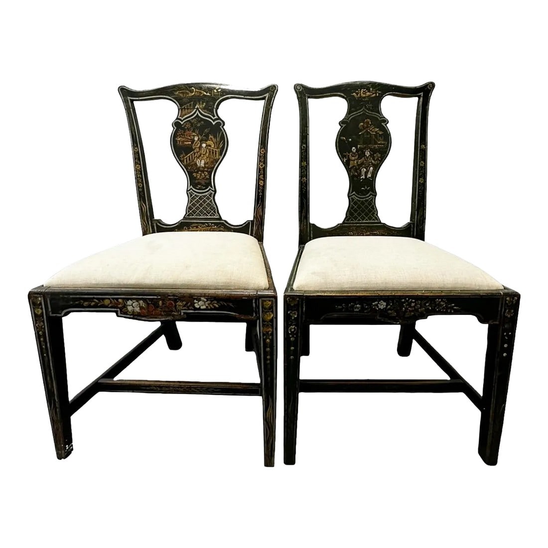 Late 18th Century Pair of Black Chinoiserie Hand Painted and Detailed Side Chairs (1 of 8)