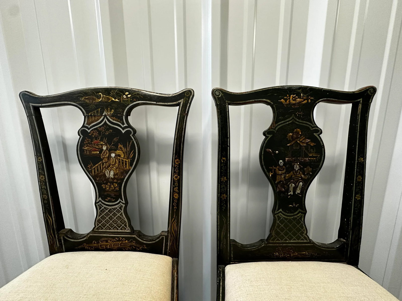Late 18th Century Pair of Black Chinoiserie Hand Painted and Detailed Side Chairs - 2