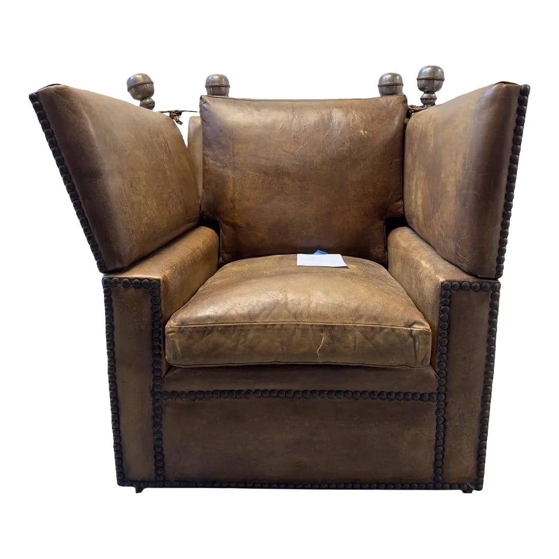 Late 18th Century An Antique Italian Drop Arm Sofa Chair in Original Leather and Brass Details: A truly one of a kind late 1800's antique Italian drop arm sofa chair in original leather and brass details. A true conversion piece as well as a comfortable place to sit, this versatile drop arm