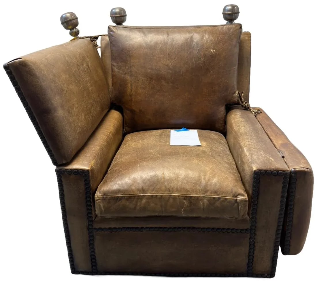 Late 18th Century An Antique Italian Drop Arm Sofa Chair in Original Leather and Brass Details - 2