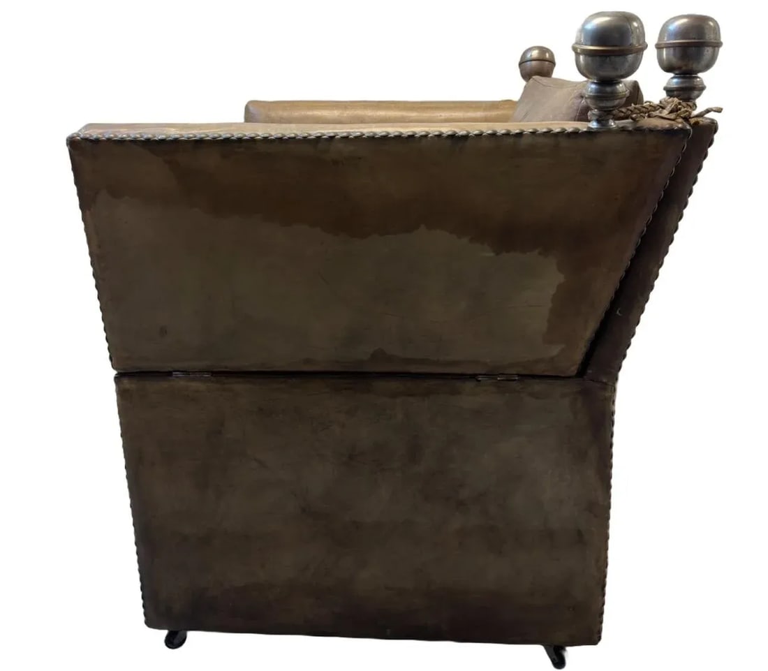 Late 18th Century An Antique Italian Drop Arm Sofa Chair in Original Leather and Brass Details - 3