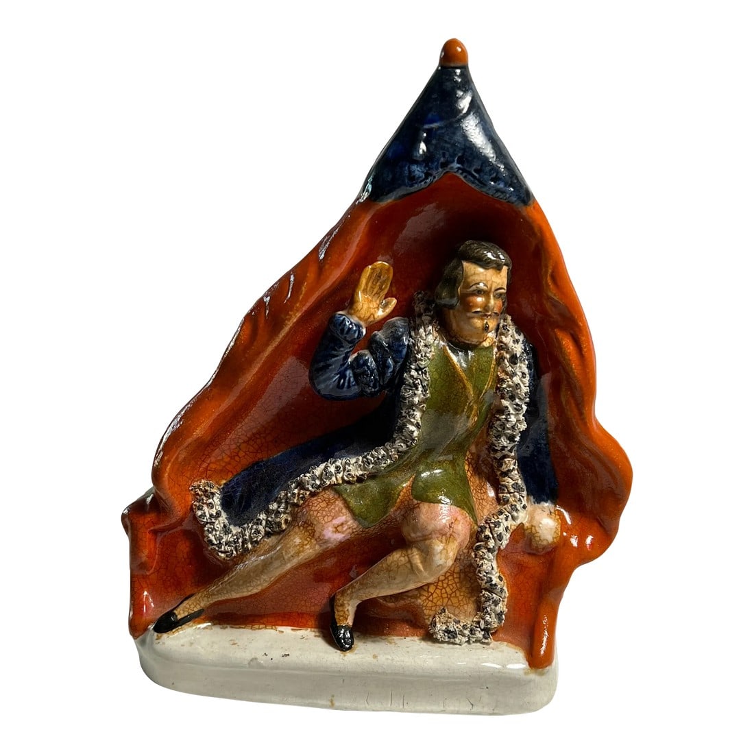 Richard the III as Garrick Figurine: This Victorian Staffordshire figure depicts Richard the Third seated in a tent. The source of this figure is based on a painting by Hogath entitled the "Nightmare scene" of David Garrick in the role o