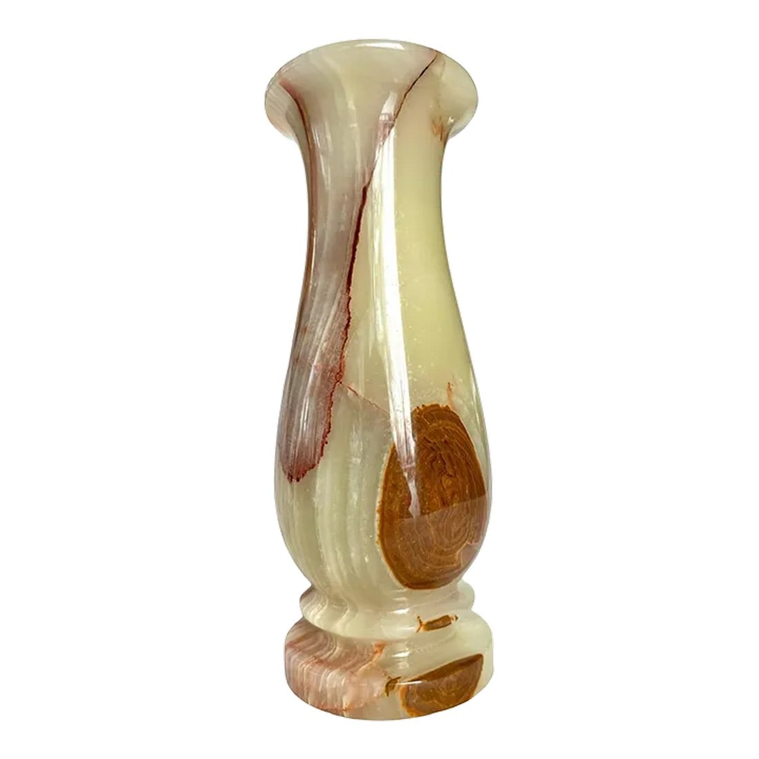 Vintage Genuine Onyx Natural Stone Vase: Vintage Natural stone vase made of genuine onyx. Nicely shaped base narrowing g to neck with glared top giving visual interest to the eye with or with bouquet. A great piece for natural dried