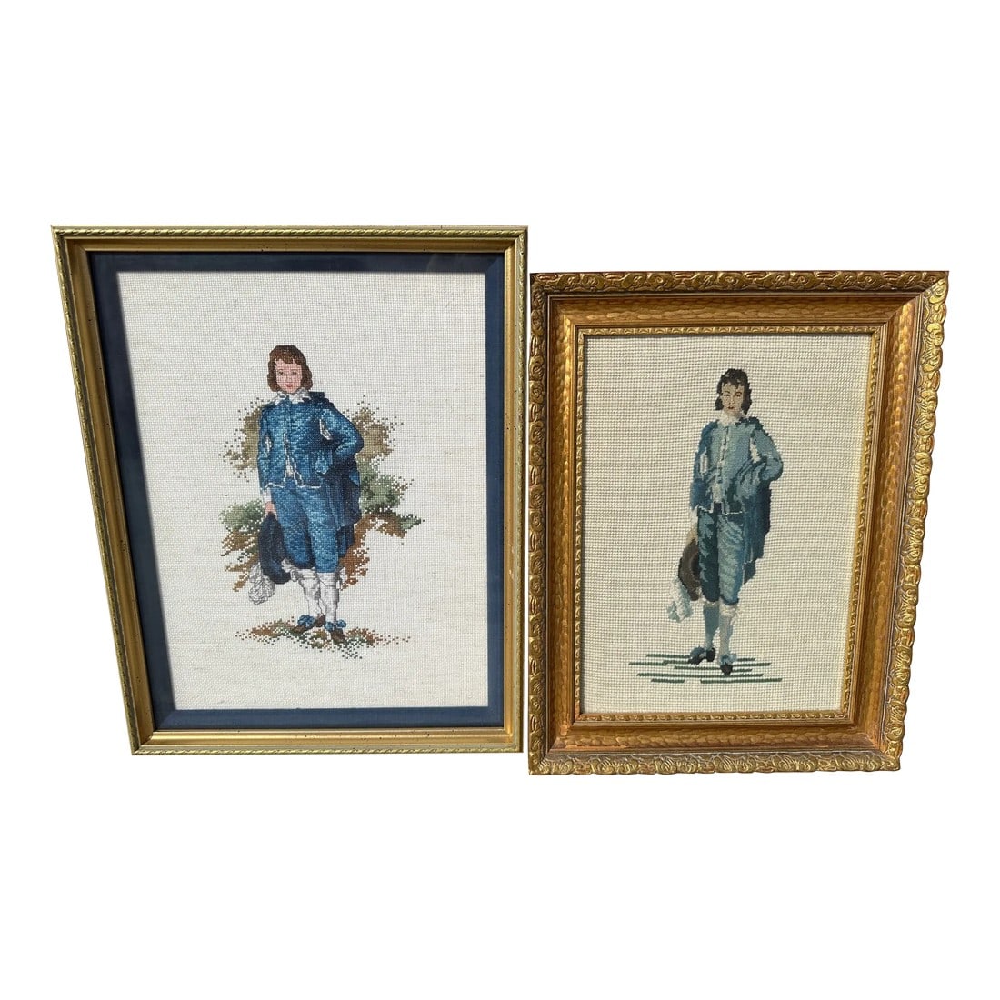 Vintage Blue Boy Needlepoint Framed Art: Vintage Blue Boy Needlepoint Framed Art. Needlepoints from famous paintings by Thomas Lawrence and Thomas Gainsborough. Great addition to a picture wall. Large- 18.5in h x 14.5in w x 1.5in d