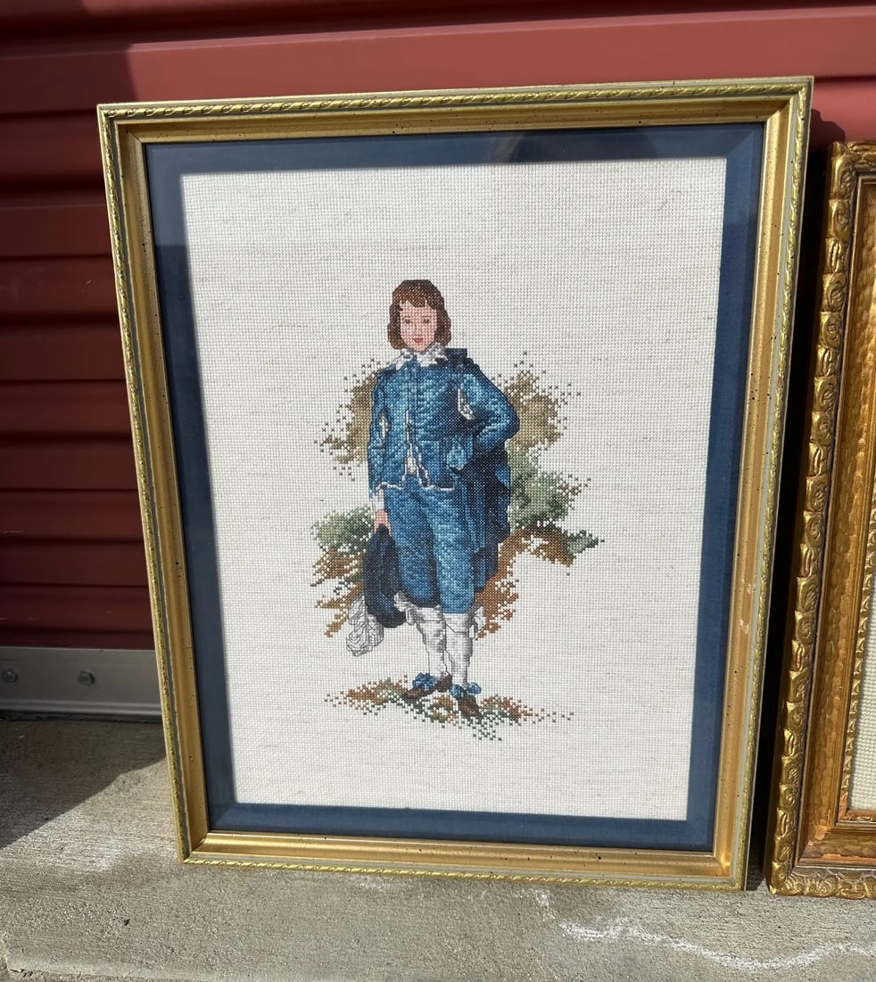 Vintage Blue Boy Needlepoint Framed Art - 2