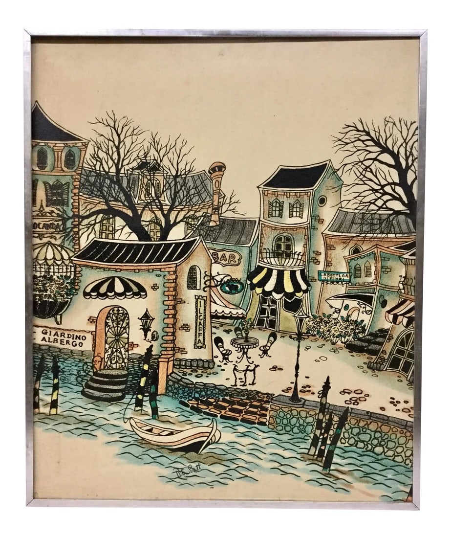 1950s Vintage Italian Seaside Oil Painting: Very unique oil painting in 4 colors of an Italian seaside village. Quirky and cool. This is an unusual and large painting. Framed in a basic aluminum frame. In wonderful vintage condition without