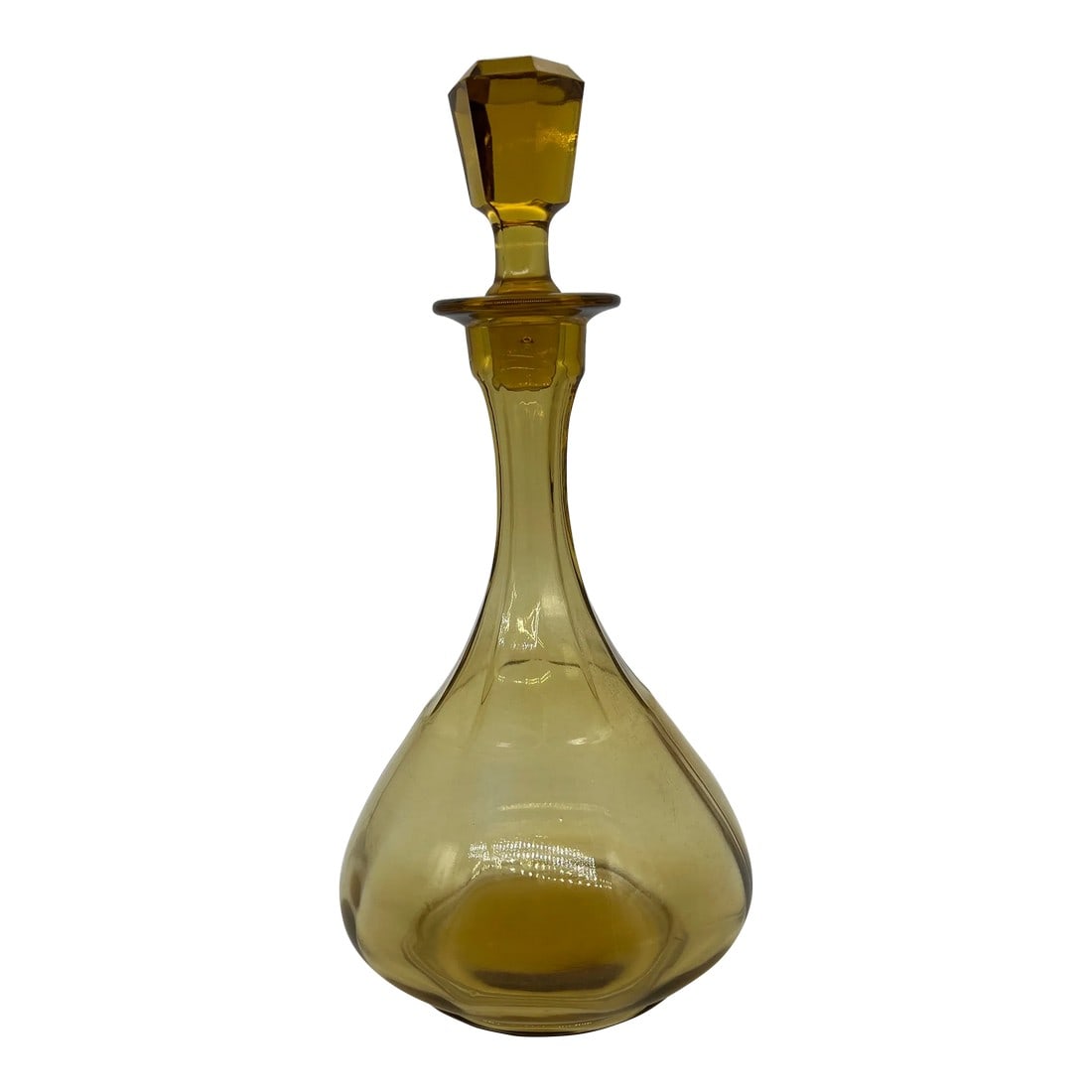 Vintage Amber Glass Decanter With Stopper: Beautiful amber glass decanter with hexagon shaped stopper. Condition: Alterations: Original Condition Unaltered Imperfections: Some Imperfections Condition Notes: There is a chip on the edge of
