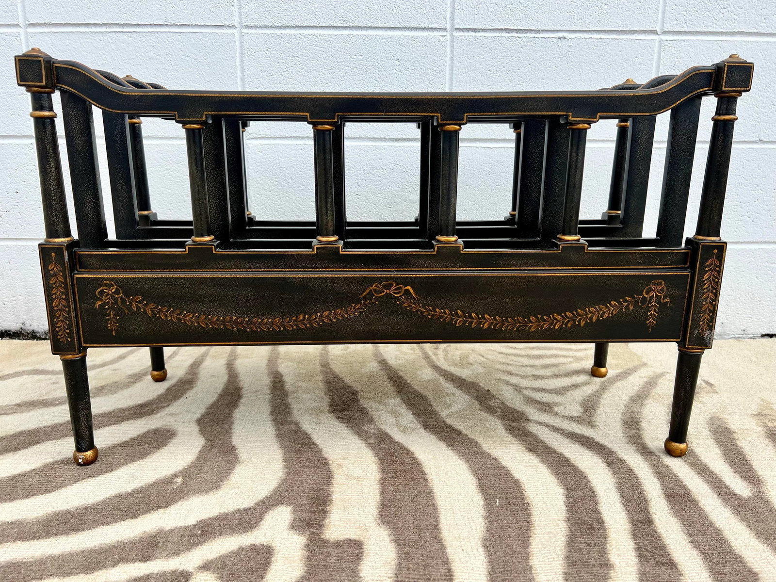 Vintage Regency Style Ebony Textured and Gilt Wood Canterbury / Magazine Rack in the Style of Maitla - 11