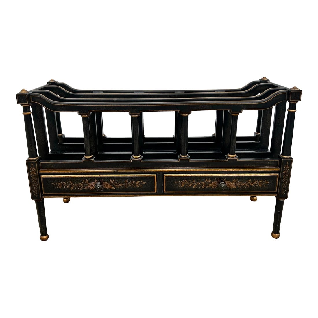 Vintage Regency Style Ebony Textured and Gilt Wood Canterbury / Magazine Rack in the Style of Maitla: The Vintage Regency Ebonized Textured and Gilt Canterbury is a truly remarkable piece that exudes elegance and sophistication. In the style of Maitland-Smith, although the maker is unknown, its qualit