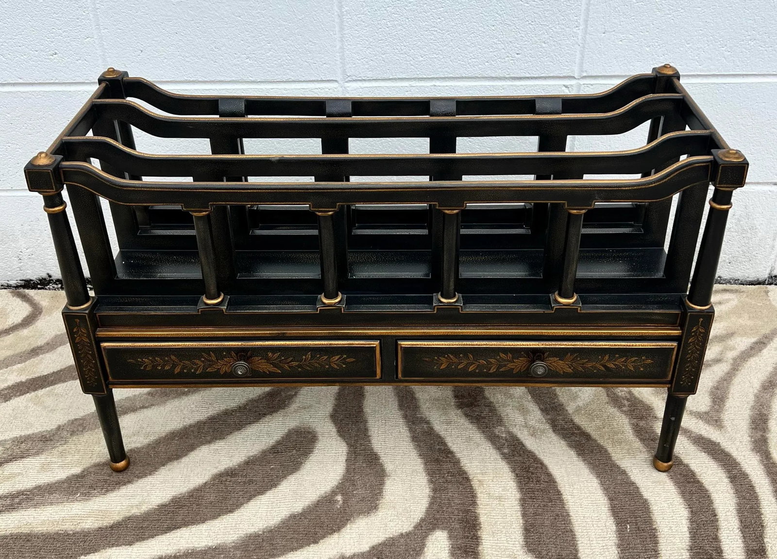 Vintage Regency Style Ebony Textured and Gilt Wood Canterbury / Magazine Rack in the Style of Maitla - 2