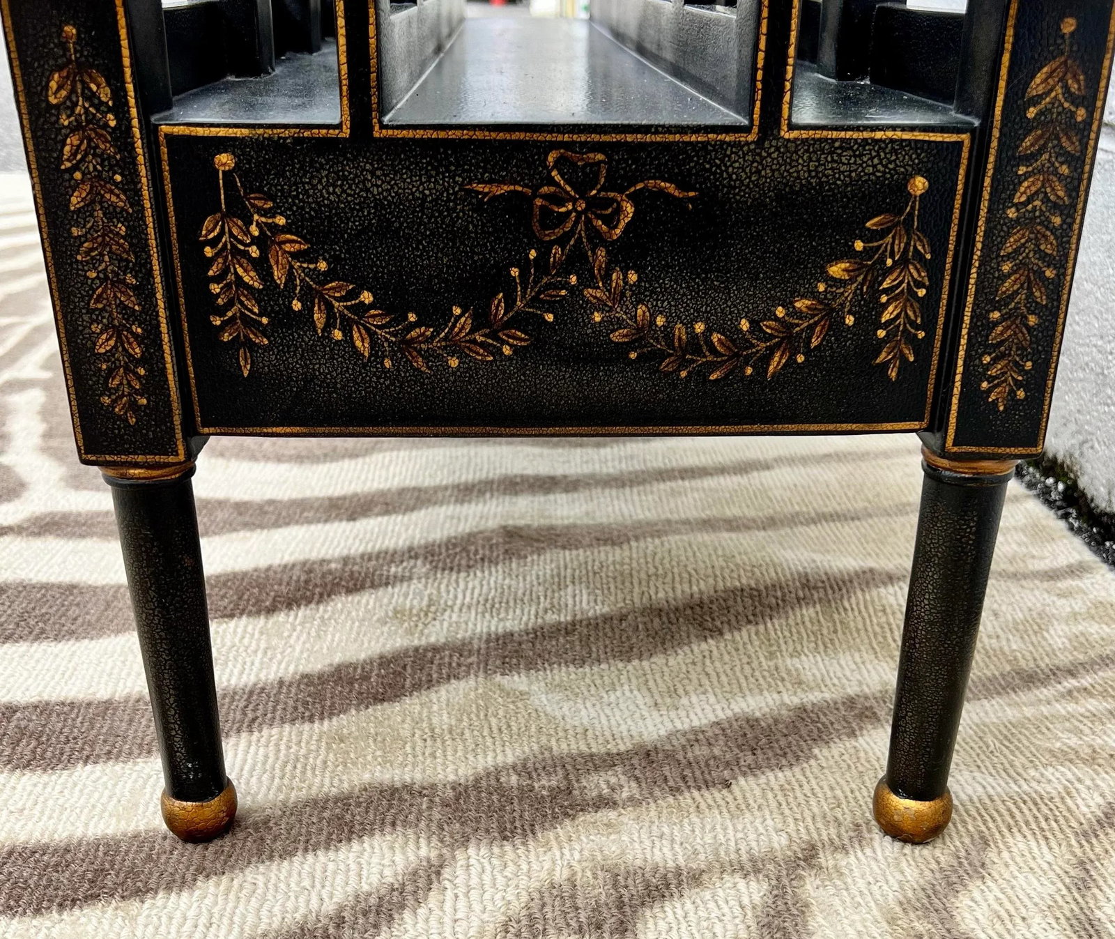 Vintage Regency Style Ebony Textured and Gilt Wood Canterbury / Magazine Rack in the Style of Maitla - 5