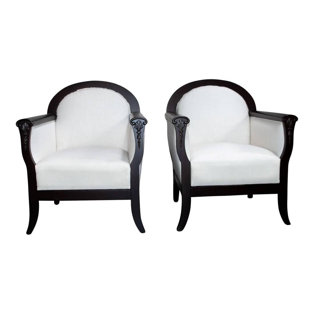 Pair of Neoclassical Revival Lounge Chairs - Com Ready: Pair of Mahogany Swedish club chairs. In the Swedish Biedermeier style, with a small intricate applique detail on the front of the arm. Finished in a deep dark walnut, recovered in muslin and ready