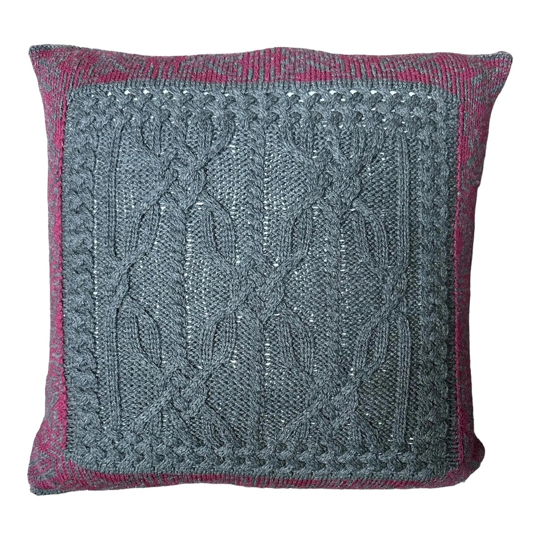 Mid 20th Century Aran Mor Merino Wool Pillow, Made in Ireland: 100% Merino Wool Pillow by Aran Mor Made in Ireland Soft to touch in charcoal gray with wine burgundy border. Knitted with complex stitching-honeycomb, diamond, cable, and zigzag. Each has