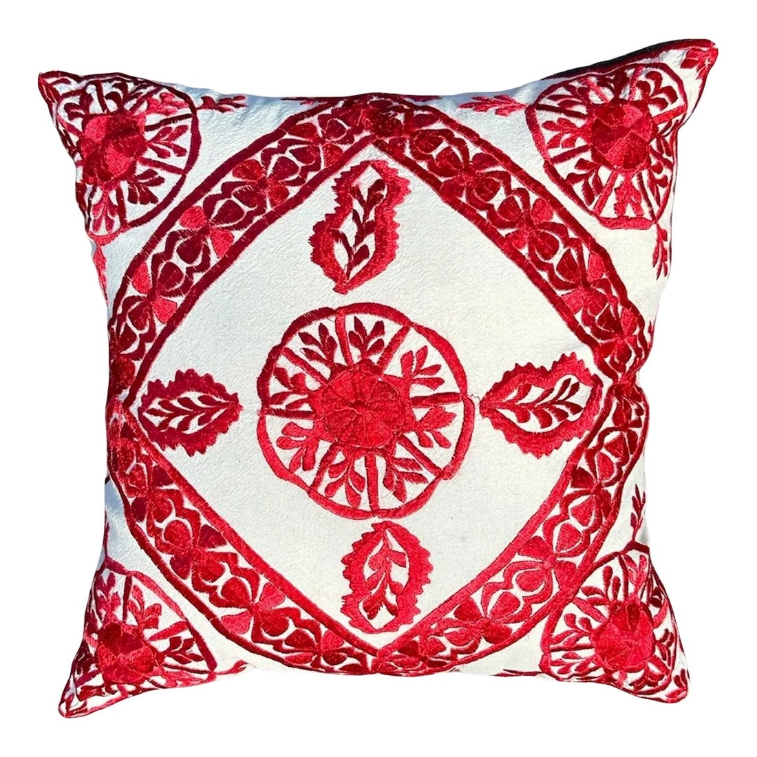 Late 20th Century Moroccan Red Silk Embroidered Pillow: Vintage embroidered pillow in striking red silk on cream cotton. Made in Marrakech, Morrocco Zippered enclosure for cleaning or replacing pillow insert. Condition-textiles are laundered before