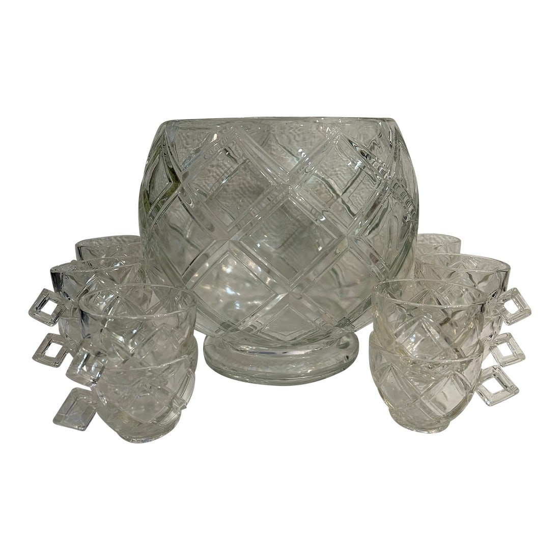 Mid 20th Century Colony Glass Footed "Diamond Block" Punch Bowl and 11 Cups - a Set of 12 Pieces (1 of 9)