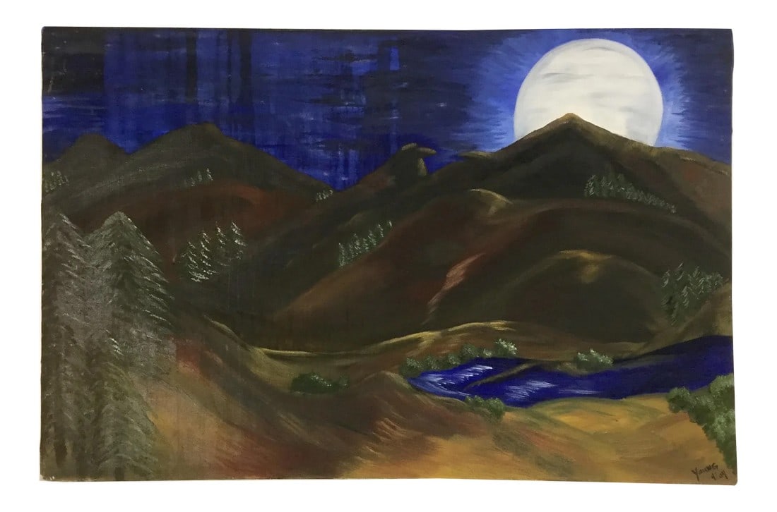 Large "Eagle Peak" Oil Painting on Canvas: Original oil painting of Eagle Peak among mountains and the full moon. Gorgeous colors of rich Cobalt blue, warm greens and rich browns. Signed "Young 9/04" Condition: Alterations: Original