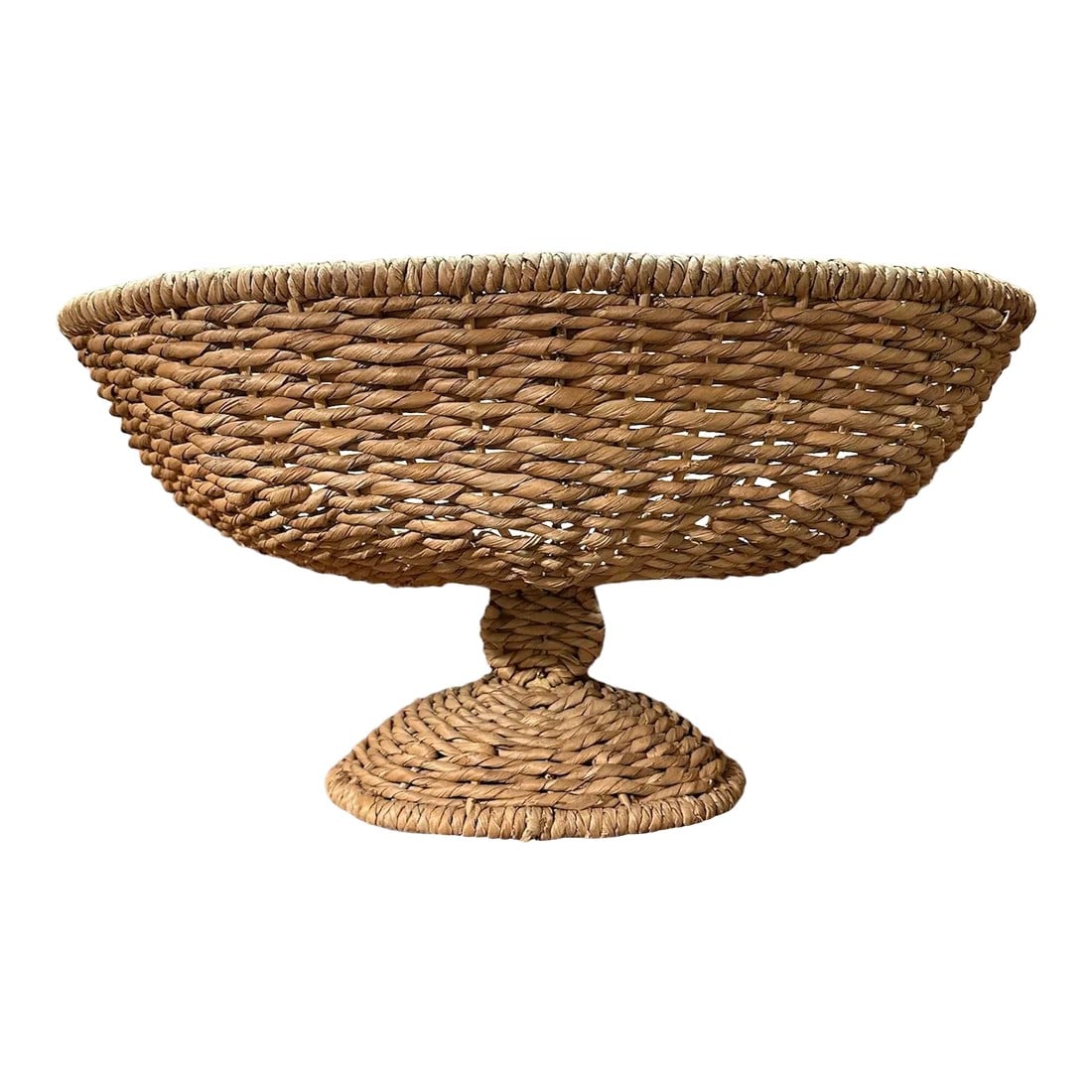 Large Sea Grass Rattan Pedestal Basket Woven Bowl: Woven natural organic centerpiece. Attractive footed oval bowl to display a dried arrangement such as lavender and eucalyptus, insert a container for water for large draping fresh bouquet, an elaborat