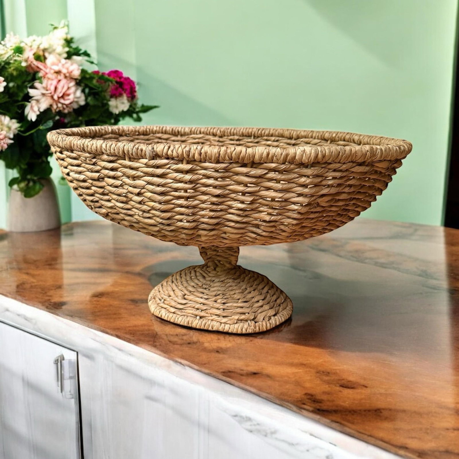 Large Sea Grass Rattan Pedestal Basket Woven Bowl - 4