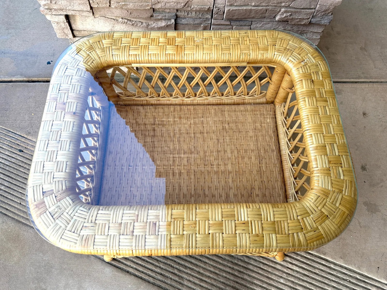 Vintage Woven Rattan Glass Top End Table - 2