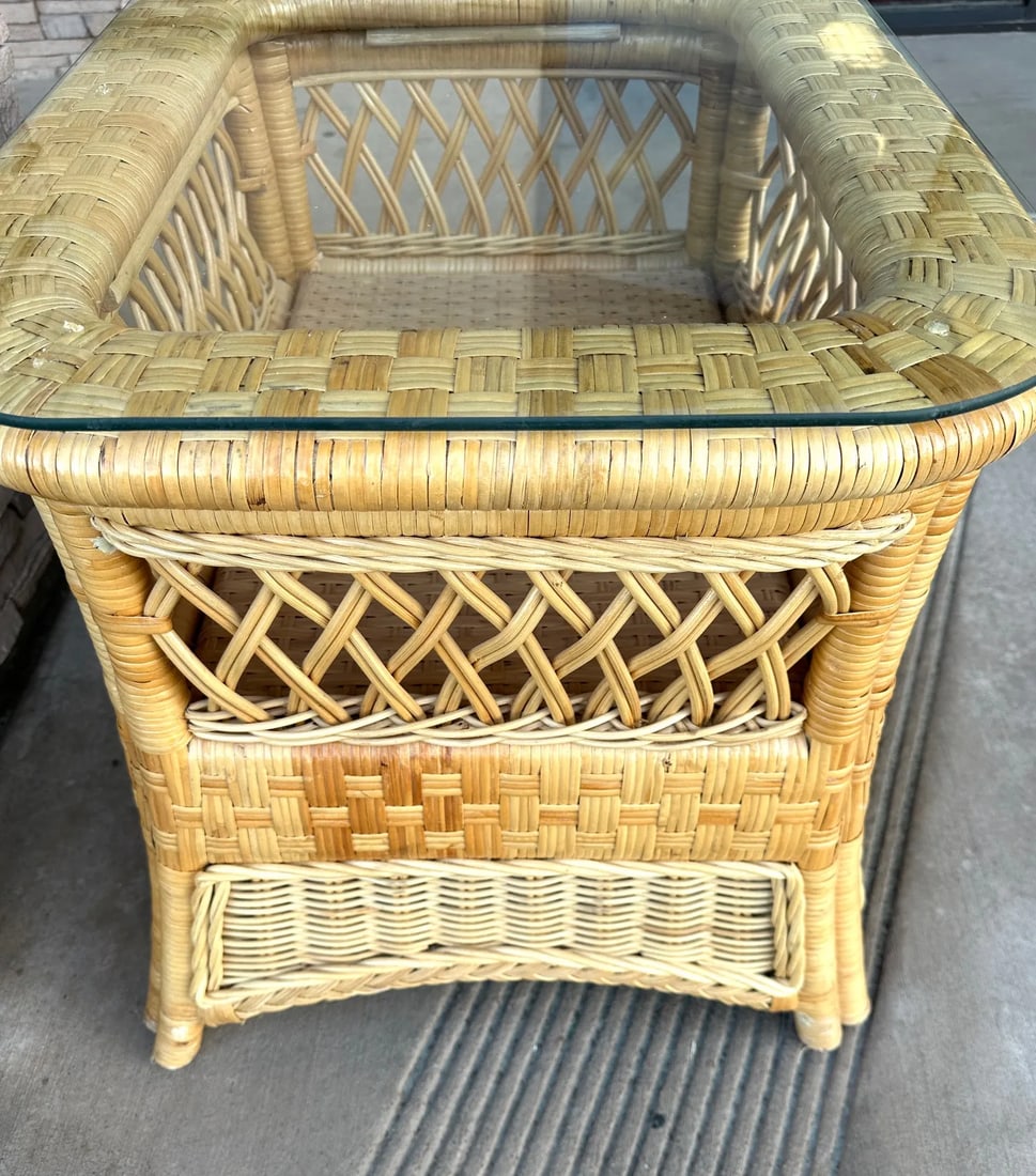 Vintage Woven Rattan Glass Top End Table - 3