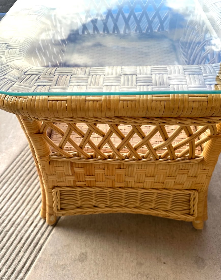 Vintage Woven Rattan Glass Top End Table - 4