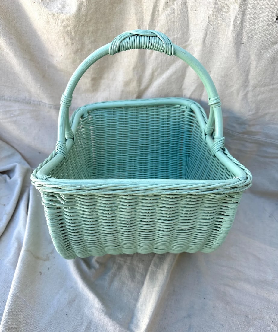 Vintage Mint Green Wicker Basket - 5