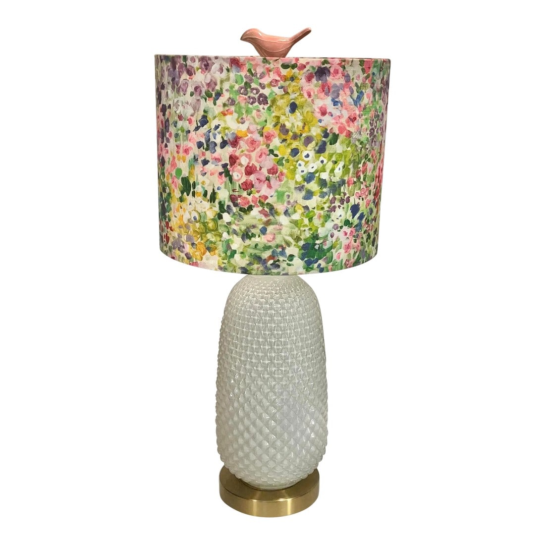 Surya White Hobnail Glass Style Reverse Painted White Table Lamp With Impressionist Style Floral Sha: Introducing the Vintage Surya Tory White Table Lamp with Impressionist Style Floral Shade and Pink Bird Finial, brought to you by the renowned Surya company. This exquisite lamp combines timeless