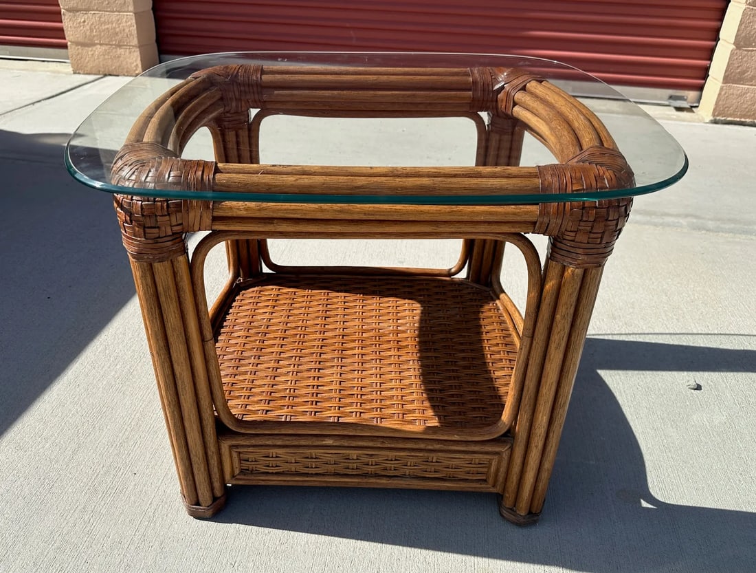 Bent Bamboo/Rattan Glass Top Side Table - 2