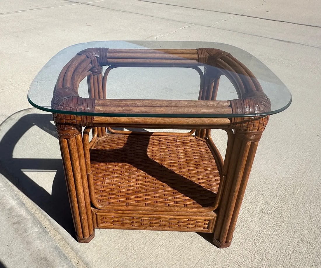 Bent Bamboo/Rattan Glass Top Side Table - 8