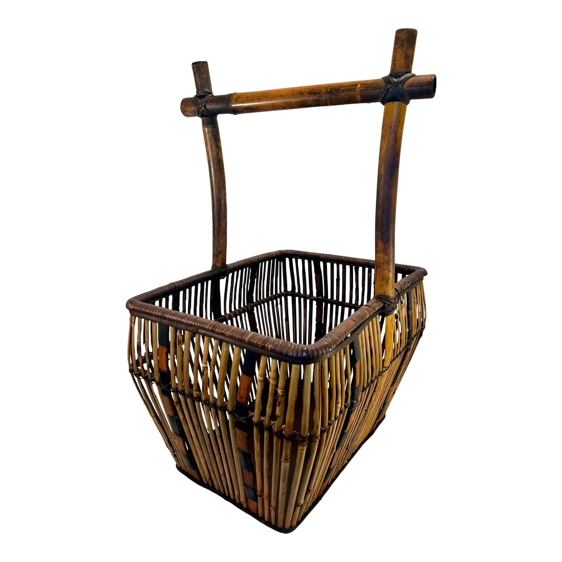 Vintage Large Boho Chic Burnt Bamboo and Split Reed Pagoda Handle Basket (1 of 8)