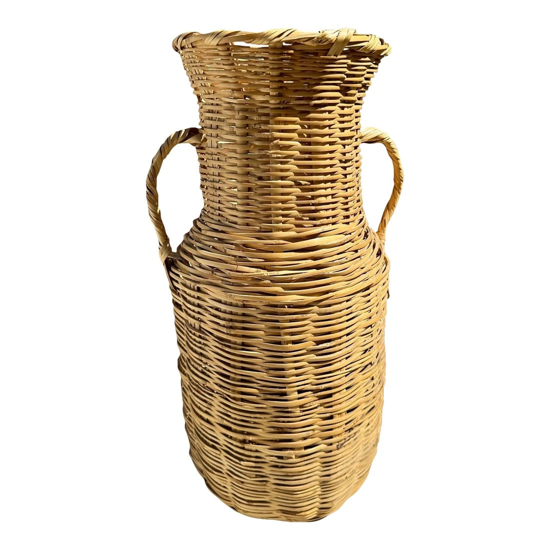 Vintage Split Bamboo/Rattan Floor Vase: Vintage Split Bamboo/Rattan Floor Vase w/handles. Great with dried floral arrangement. I also have another one with just 1 handle, great paired together. 20.75in h x 12in w to handles and 10in